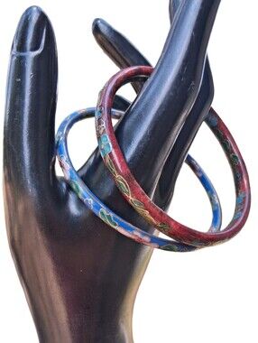 Vintage Cloisonné Enamel Bangle Bracelet Set Floral Red Blue Brass